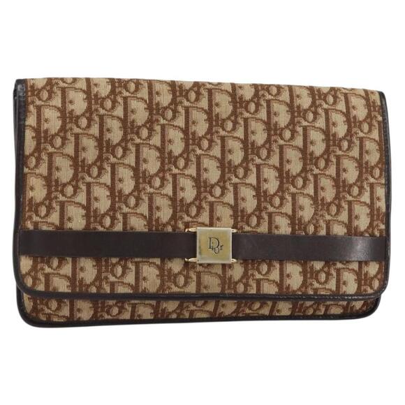 Christian Dior Trotter Canvas Clutch Bag Brown Gold Auth gh1471